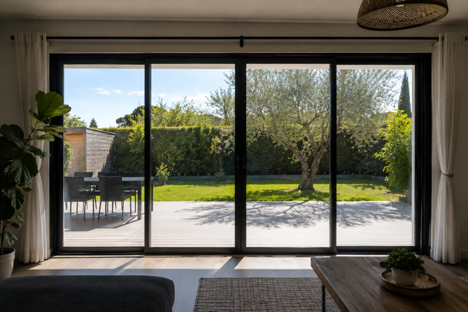Nettoyage de vitres résidentielles - baie vitrée avec vue sur jardin